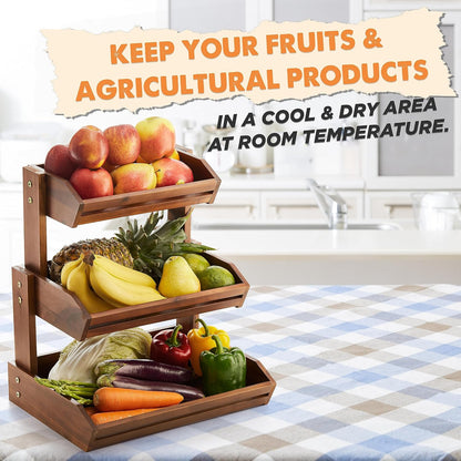 HOLANA Acacia 2 Tier Fruit Basket for Kitchen Counter Organizer – Wooden Fruit Bowl & Wooden Basket for Kitchen Counter Storage, Vegetable & Produce Storage, Snack Organizer for Countertop (Acacia)