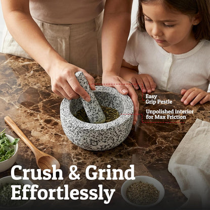 Priority Chef Heavy Duty Large 1.5 Cup Mortar and Pestle Set, 100% Natural Granite, 5.5 Inch Diameter Bowl, 6.2 Inch Pestle, Non-Slip Base, Stone Grinder for Guacamole Salsa Pesto Herbs Spices, Black