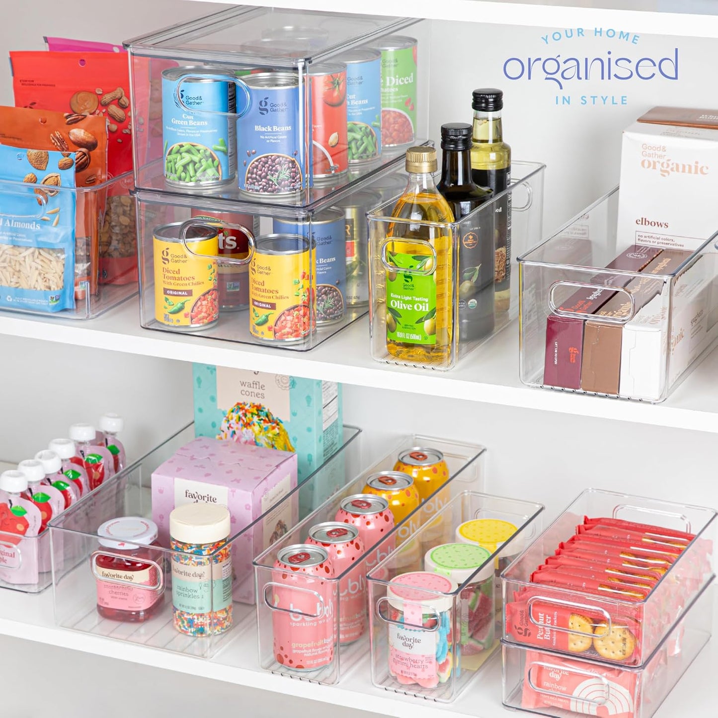 Plastic Food Storage 4 Pack Clear Container Bin with Handles for Organizing Kitchen, Pantry, Refrigerator, Freezer, Pantry, Cabinet, Closet, Bathroom. Stackable 10”x6”x3”