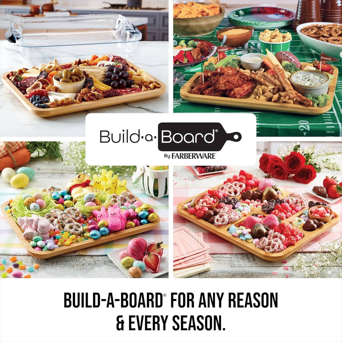 Farberware Build-A-Board Bamboo Cutting Board with Built-In Compartments & Clear Locking Lid, Black Handles, Charcuterie, Snack Tray, Food Prep and Serving Platter