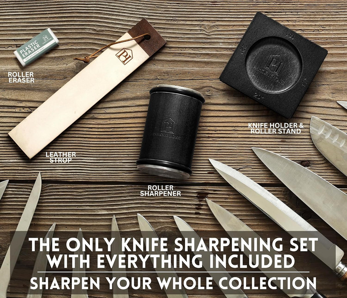 Rolling Knife Sharpener with Leather Strop and 15, 17, 20 & 22 Degree Angles - Knife Sharpener Kit - Roller Knife Sharpening System with Stand, Holder & Eraser - Walnut Brown