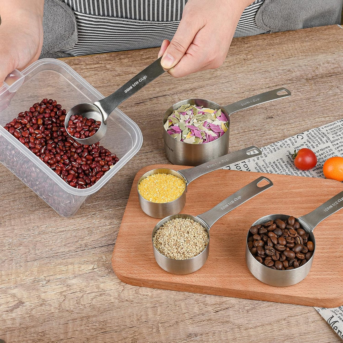Measuring Cup Set of 8, 18/8 Stainless Steel Measuring Cups for Kitchen & Baking, Heavy Duty Metric & US Measure Cups Set with 2/3 Cup & 3/4 Cup Meaure Cups