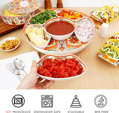 TP Taco Bar Serving Set, Melamine Serving Platter with Lazy Susan, Serving Tray and Bowls, Taco Tuesday Kit Snack Holder for Party and Fiesta, White