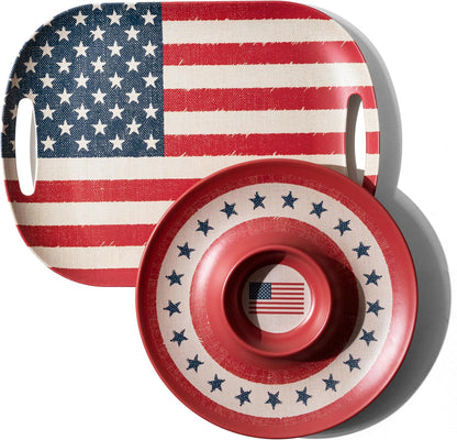 Kingen American flag Patriotic theme party supplies, 18'' Rectangle and 13'' Round Set of 2 Extra-Large Bamboo Serving Trays, Independence Day, Reusable and Dishwasher Safe