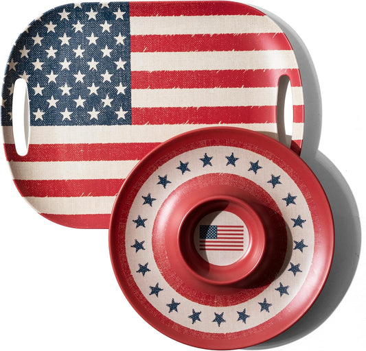 Kingen American flag Patriotic theme party supplies, 18'' Rectangle and 13'' Round Set of 2 Extra-Large Bamboo Serving Trays, Independence Day, Reusable and Dishwasher Safe