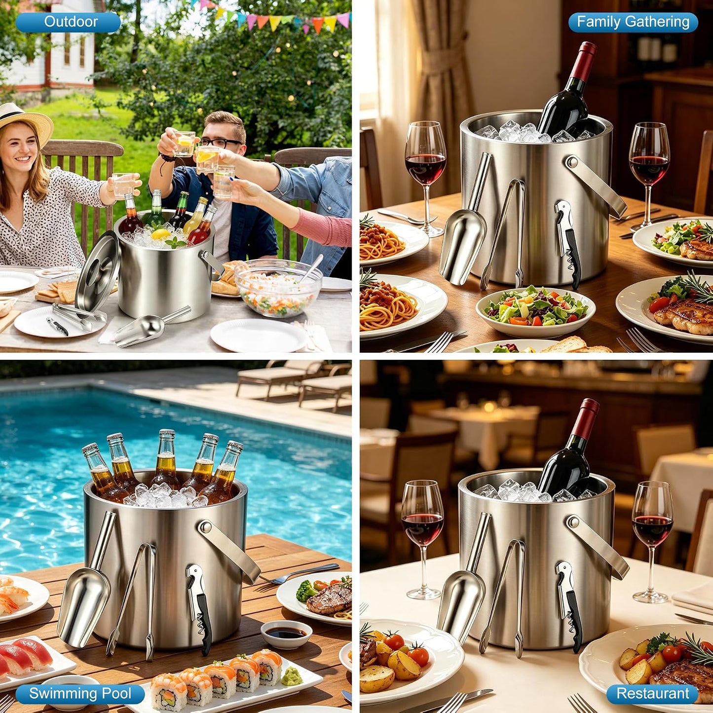 Kochorie 4L Portable Ice Buckets for Parties Double Wall Stainless Steel Ice Bucket with Lid, Scoop, Tongs, Bottle Opener Drink Vacuum Insulated Container for Freezer Cocktail Home Bar Accessories