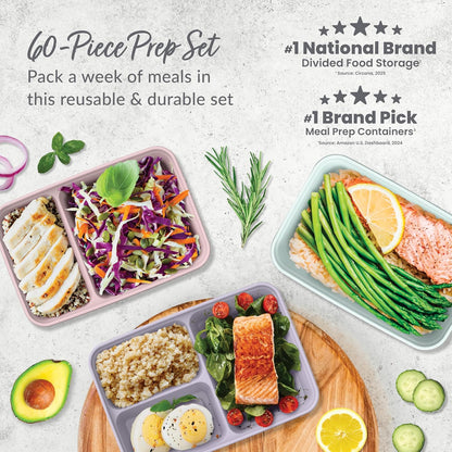Bentgo Prep 60-Piece Meal Prep Kit - Reusable PFAS & BPA-Free Food Containers, 1-Compartment, 2-Compartment, & 3-Compartments - Microwave, Freezer, & Dishwasher Safe (Gleam Metallics)