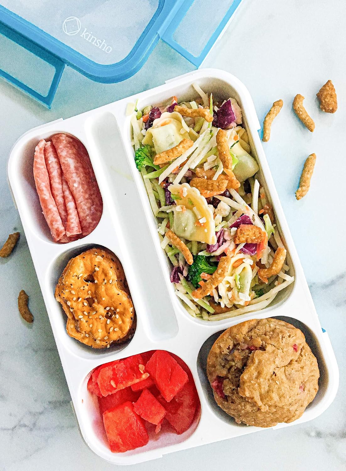kinsho Bento Lunch-Box Set for Kids includes Snack Container | 6 and 3 Compartment Boxes Leakproof School Bentos, Meal Portion Control Containers, Boys Girls Adults, Navy Blue Large + MINI 2 Pack Set