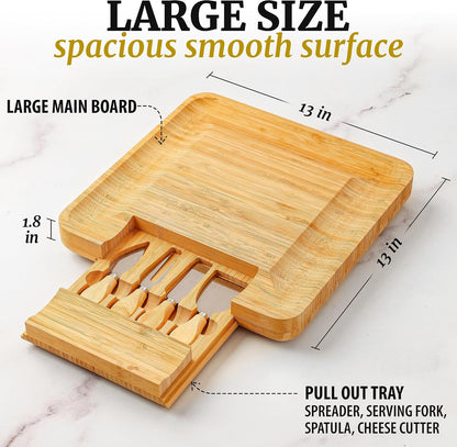 Zulay Kitchen Premium Bamboo Charcuterie Board - Extra Thick Bamboo Board with 4 Piece Knife Set - Perfect for Charcuterie, Wine and Cheese