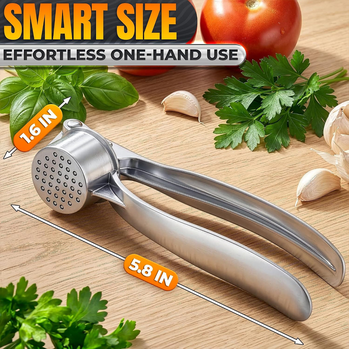 Metal Garlic Press with Comfortable Ergonomic Handle, Silver