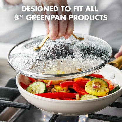 GreenPan 8" Tempered Glass Lid for Pots and Pans Cookware, Gold-Tone Handle with Matte Finish, Dishwasher and Oven Safe