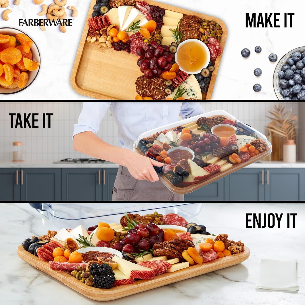 Farberware Bamboo Cutting Board with Clear Locking Lid, 11x14 Inch Charcuterie Board with Handles - Reversible Serving Board for Cheese, Meats, Snacks and More