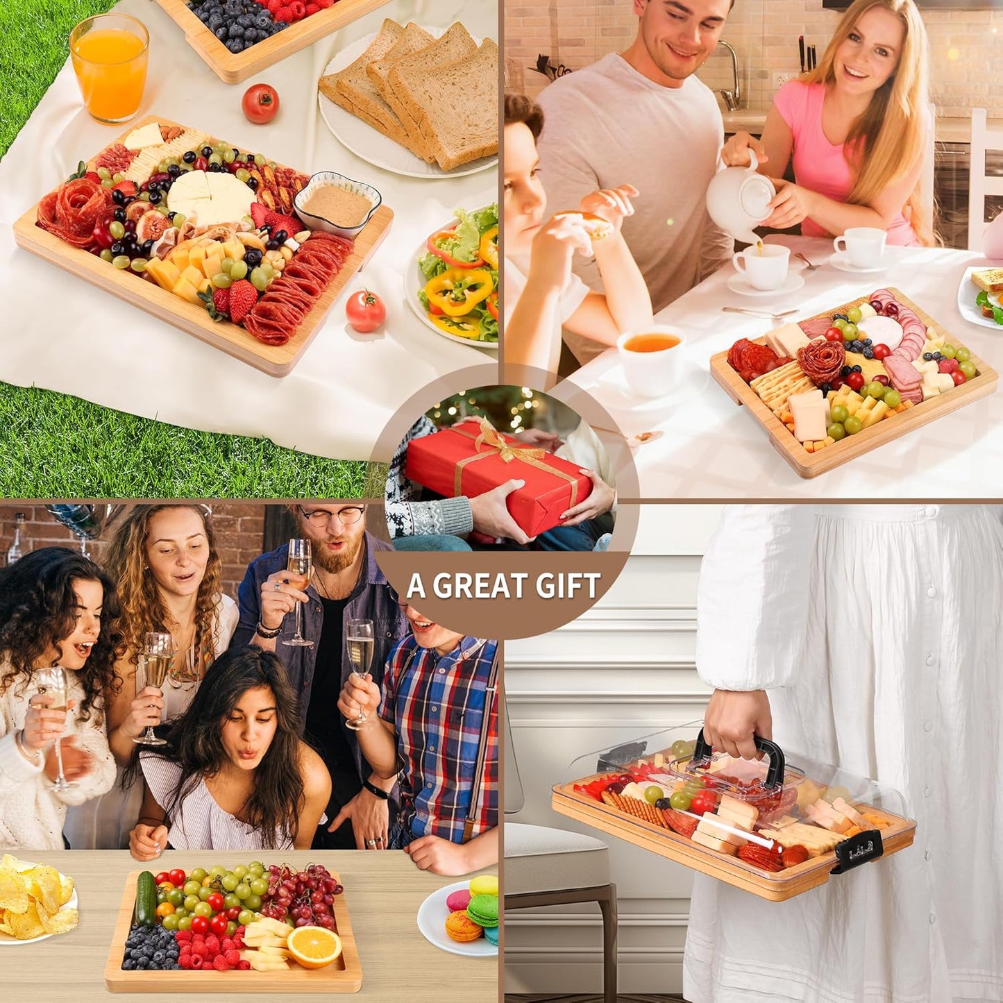 CAWIU Portable Travel Charcuterie Board with Lid and Handle - Large Bamboo Cheese Board with 4 Cheese Knife Set for Outdoor, Picnics - Weddings, House Warming Gift for Women (1 Compartment, White)