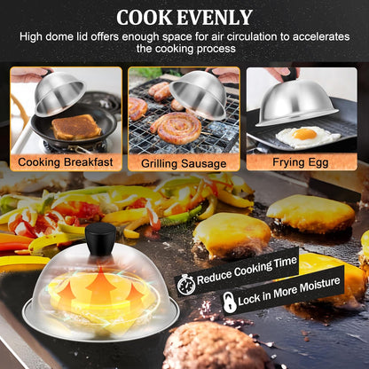 6 Inch Griddle Basting Covers & Smash Burger Press (2 Lids+1 Press), Joyfair Small Cheese Melting Dome with Grill Press for Flattop BBQ Grilling Bacon Patty, Heavy Gauge Stainless Steel & Cast Iron