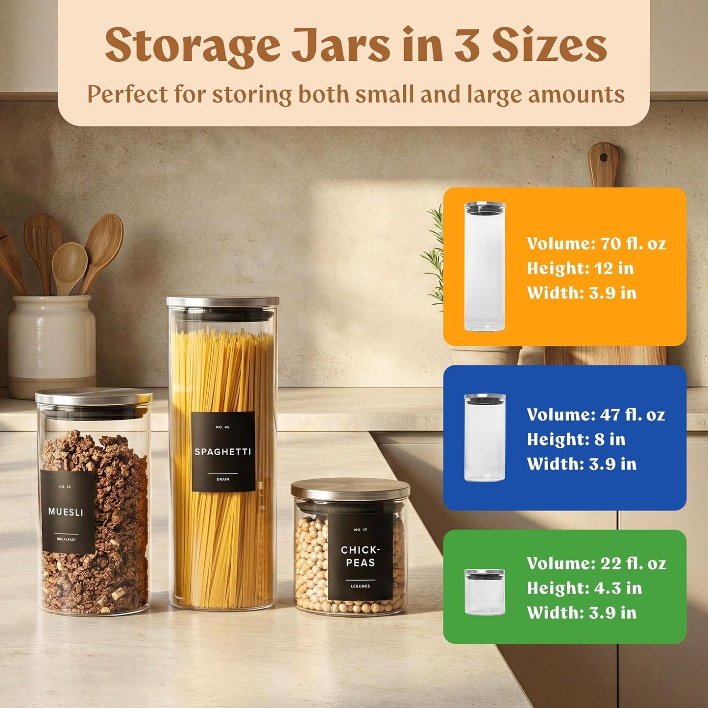 EDELHAUS 2x Large Glass Storage Containers with Airtight Black Lids [135oz/4000ml] | Extra Thick Glass Canisters for Pantry + 63 Labels | Flour Rice Cereal Sugar Coffee Beans Tea
