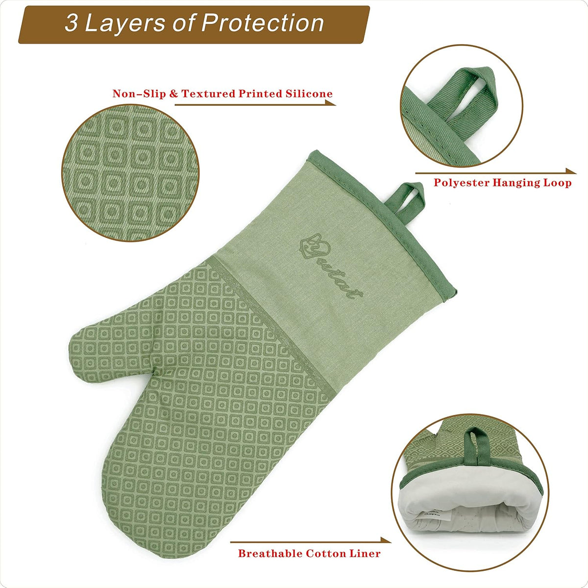 Yutat Silicone Oven Mitts - Oven Mitts and Pot Holders Sets Made of Non-Slip & BPA-Free Silicone, High Heat Resistant 500 Degrees, Perfect for Kitchen Cooking Baking BBQ, Peak Green