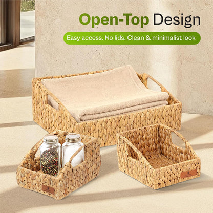 Storage Baskets for Shelves Set of 3, Open-Top Wicker Baskets with Handles, Shelf Organizer Baskets for Pantry, Closet & Bathroom, Water Hyacinth Storage Baskets with Tissue Box Cover