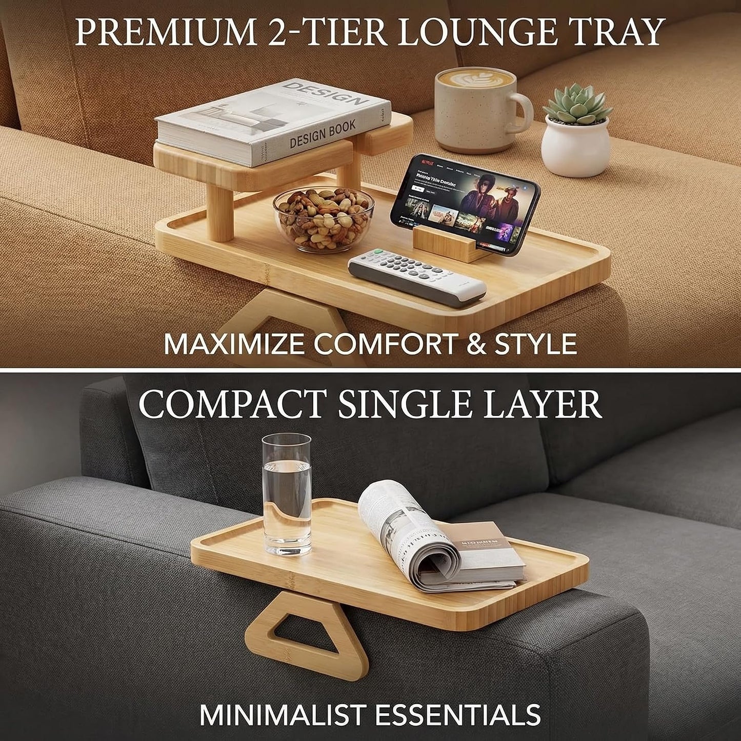 Premium Bamboo Sofa Arm Tray with 360° Swivel Lid & Phone Holder | 3-in-1 Couch Armrest Table with Hidden Storage for Drinks, Snacks, Remote (lid)