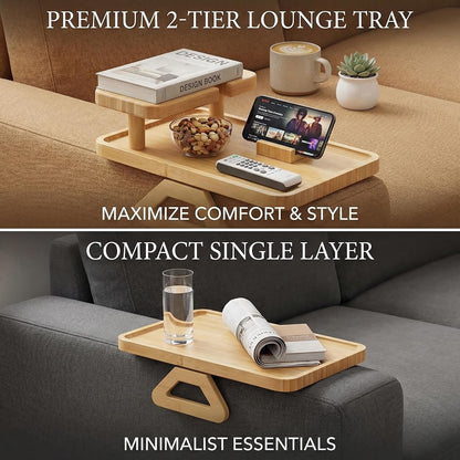 Premium Bamboo Sofa Arm Tray with 360° Swivel Lid & Phone Holder | 3-in-1 Couch Armrest Table with Hidden Storage for Drinks, Snacks, Remote (lid)