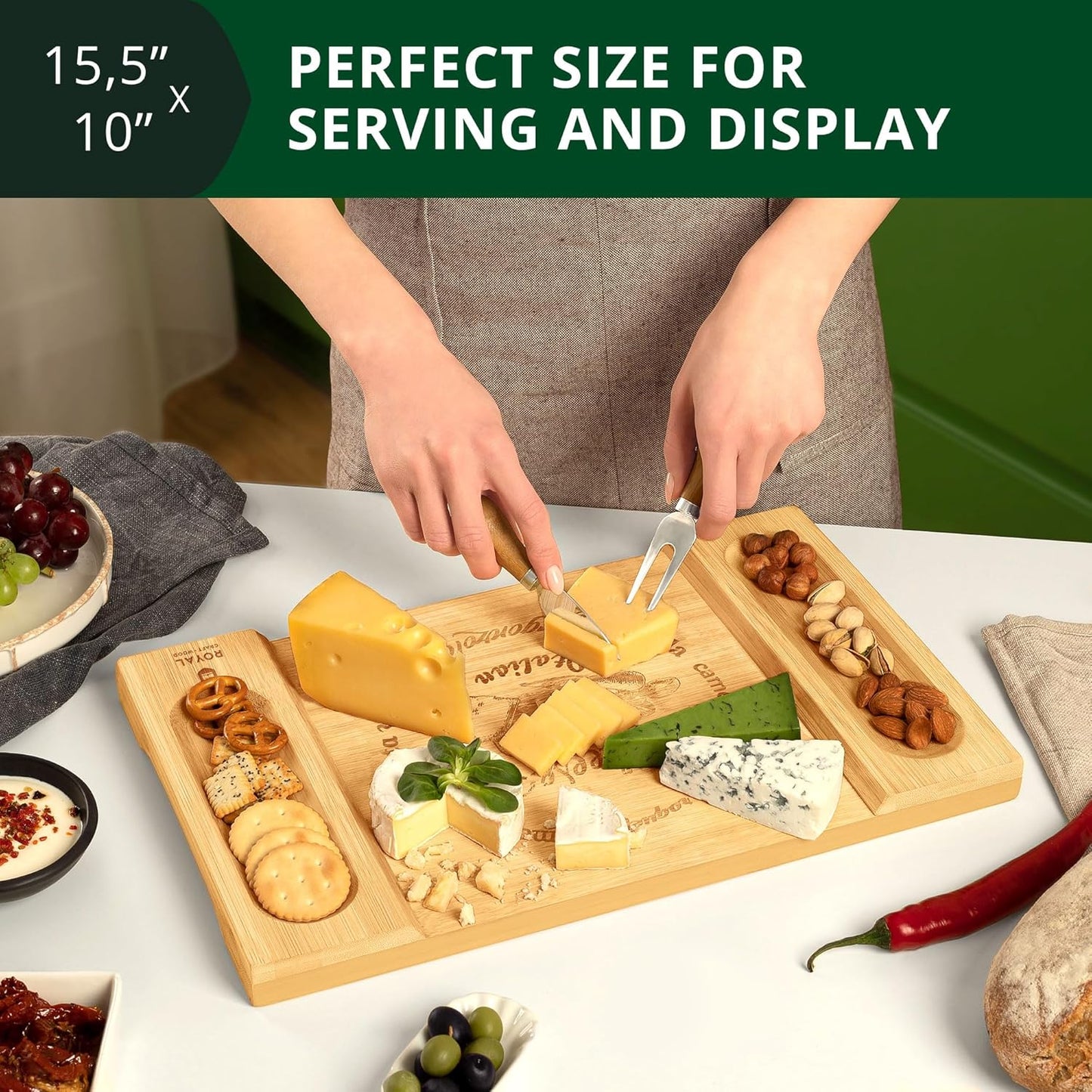 ROYAL CRAFT WOOD Premium Bamboo Charcuterie Board Set - Cheese Platter & Serving Tray & Serving Utensils - Perfect Housewarming Gift, Wedding, Bridal Shower Gift - Ideal for Entertaining and New Home