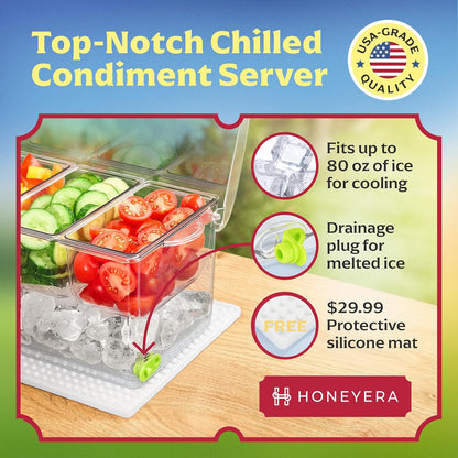 Honeyera Chilled Condiment Server | Hosting Essentials for Up to 80 Oz of Ice | Mimosa Bar Supplies Drain Plug | BPA-Free Taco Bar/Salad Bar | Food-Safe Condiment Caddy (Parent) (White, 2 Pack)