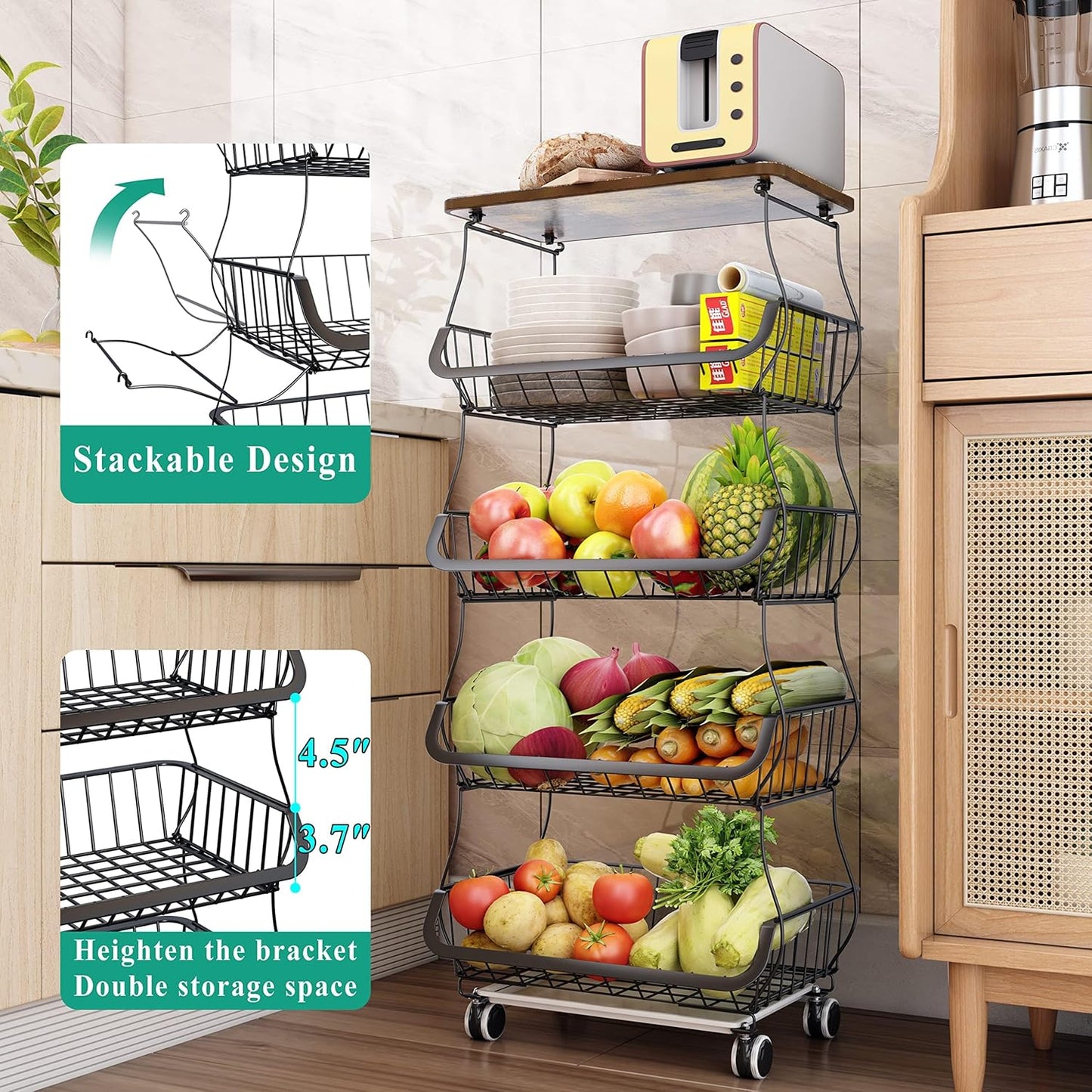 SAYZH Fruit Basket Kitchen Pantry Organizers and Storage - Wooden Top Table, Stackable Metal Wire Basket Stand Cart for Fruit Vegetable Snacks Onion Potato Organization (White, 5 Tiers)