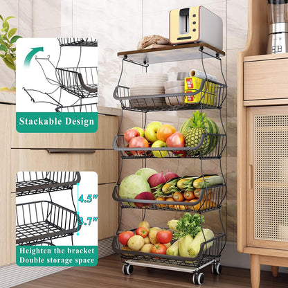 SAYZH Fruit Basket Kitchen Pantry Organizers and Storage - Wooden Top Table, Stackable Metal Wire Basket Stand Cart for Fruit Vegetable Snacks Onion Potato Organization (Black, 5 Tiers)
