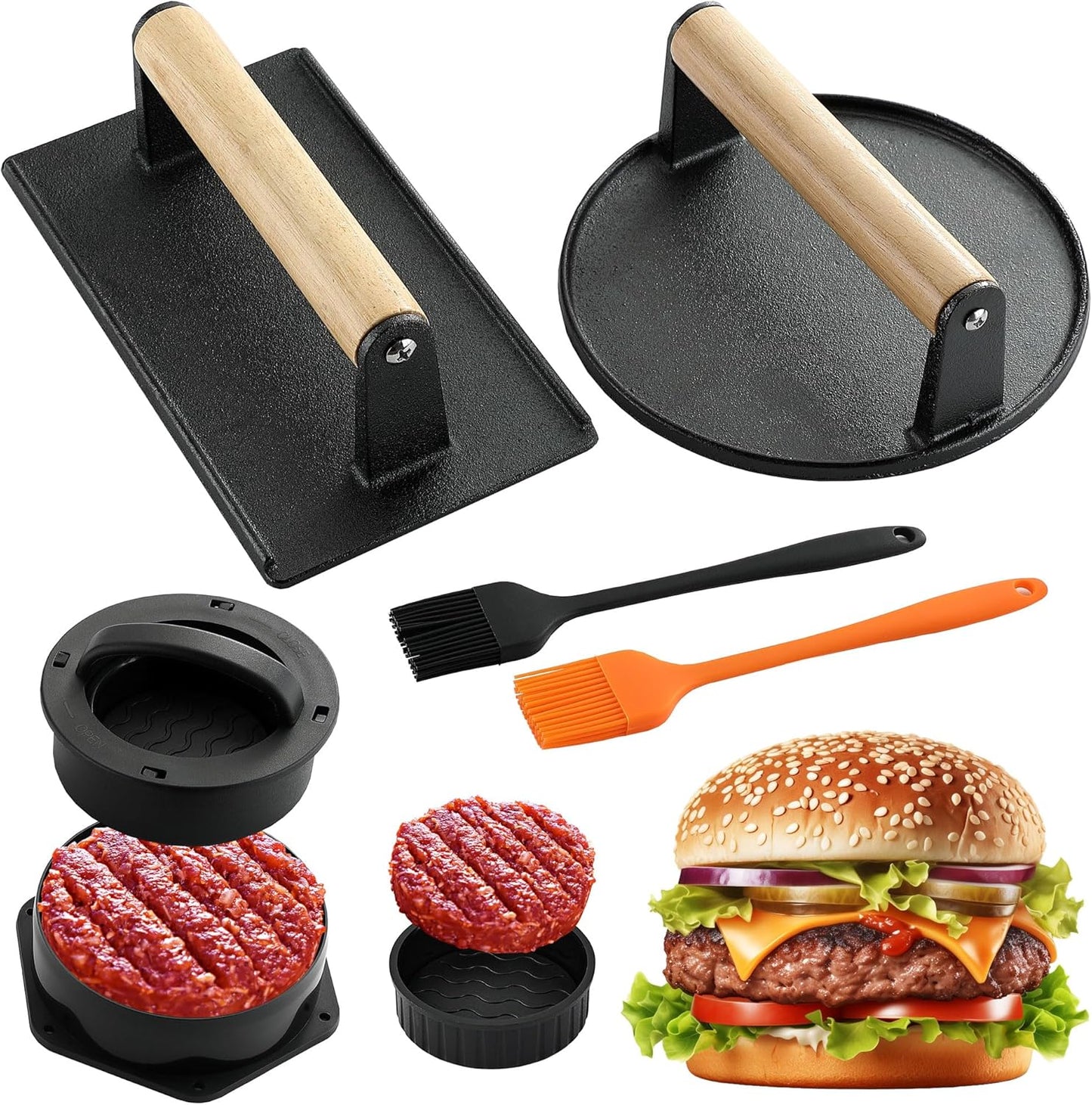 POLIGO Smash Burger Press Kit - 4 in 1 Hamburger Patty Storage Containers, 6.69" Cast Iron Smash Bacon Press - Non Stick Smash Burger Press Set for Grill and Griddle Cooking, Black Round
