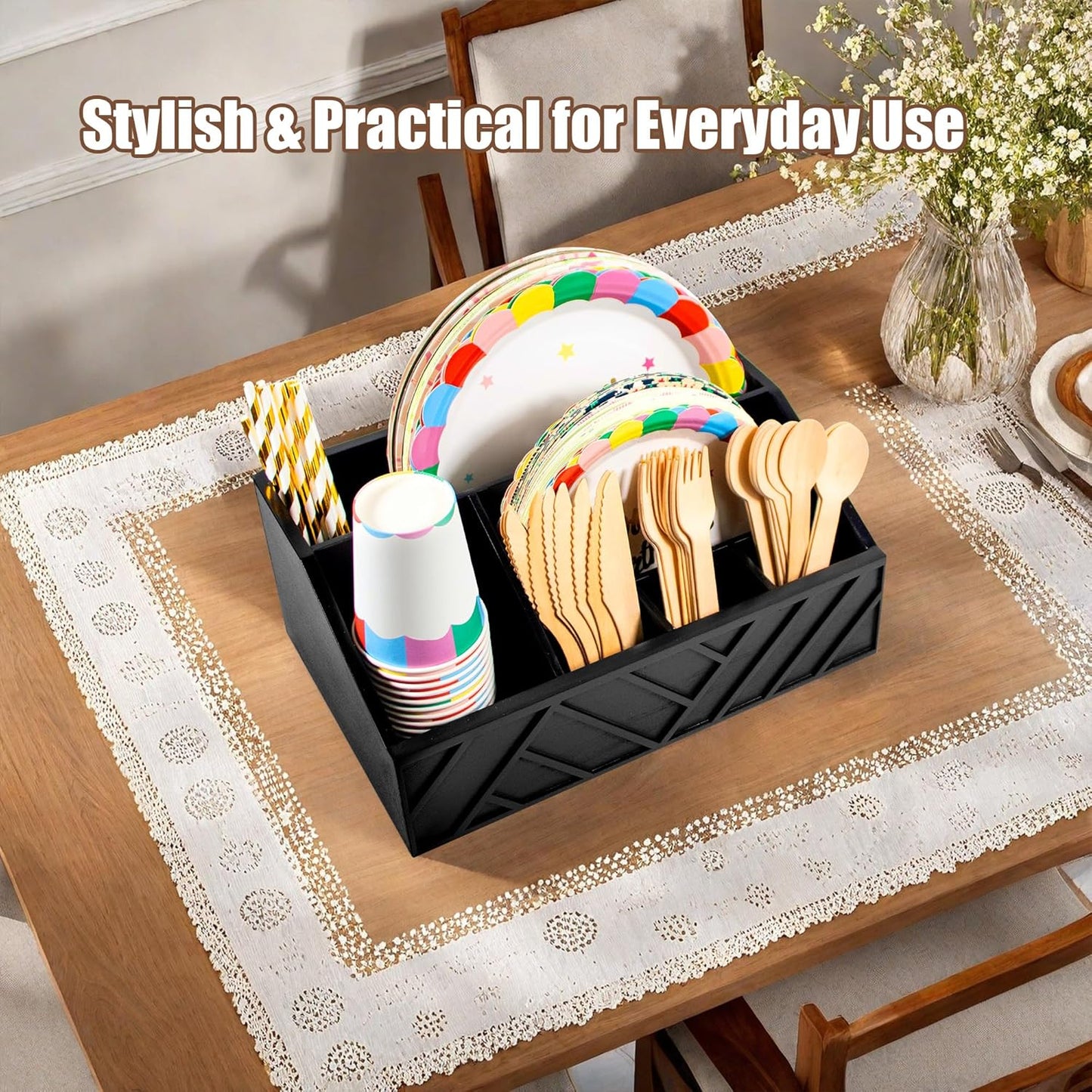 Paper Plate Dispenser with 6 Compartments – Wooden Utensil & Silverware Caddy Holder for Party, BBQ, Camping – Disposable Cutlery Organizer for Kitchen Countertop or Buffet Station, Black