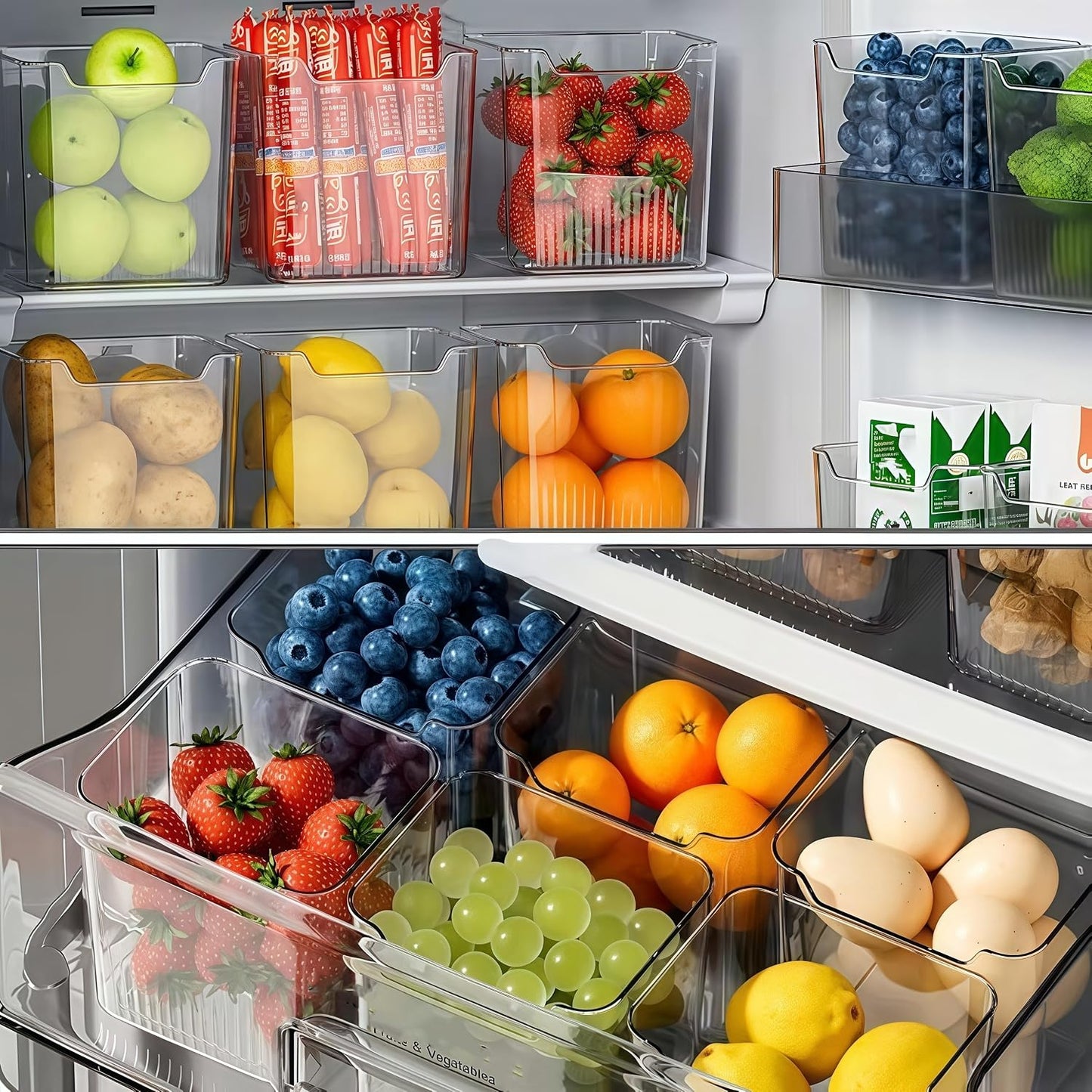 4PCS Refrigerator Storage Bins Clear Plastic Stackable Organizer for Side Door Shelves, Fruits Vegetables Eggs, Kitchen Organization, Transparent