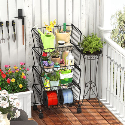 PUSDON 4-Tier Spacious Stackable Wire Storage Baskets with Wheels, Metal Rolling Utility Cart Organizer, Fruit and Vegetable Produce Basket for Kitchen Pantry, Everyday Bathroom Shelf, Silver Grey