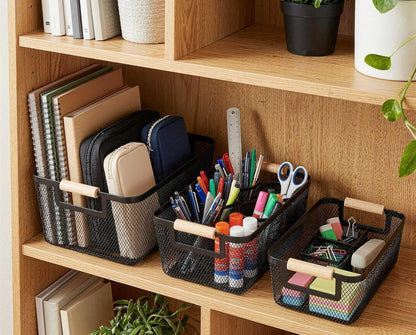 2-Pack Metal Mesh Basket, Large Wire Storage Organizer with Wood Handle for Kitchen Pantry, Bathroom, Cabinet, Closet, Picnic & Home Organization, Large, Black