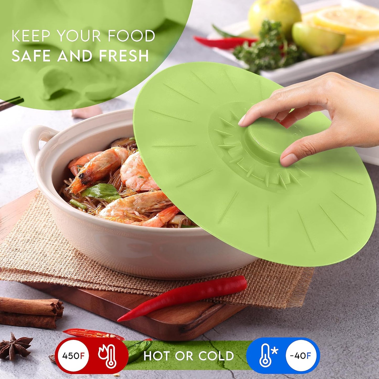 Silicone Bowl Lids Blue Set of 5 Reusable Suction Seal Covers for Bowls, Pots, Cups. Food Safe. Natural grip, interlocking handles for easy use and storage.