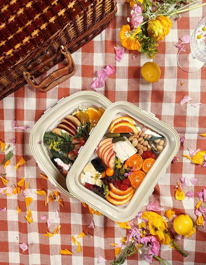 Crudités | Portable Snack Tray | Rectangle 2-Pack | Cream White | Reversible Stretch Lid Food Containers | BPA-Free, Freezer & Dishwasher Safe | Meal-Prep, Charcuterie, Salads, Picnic, Travel