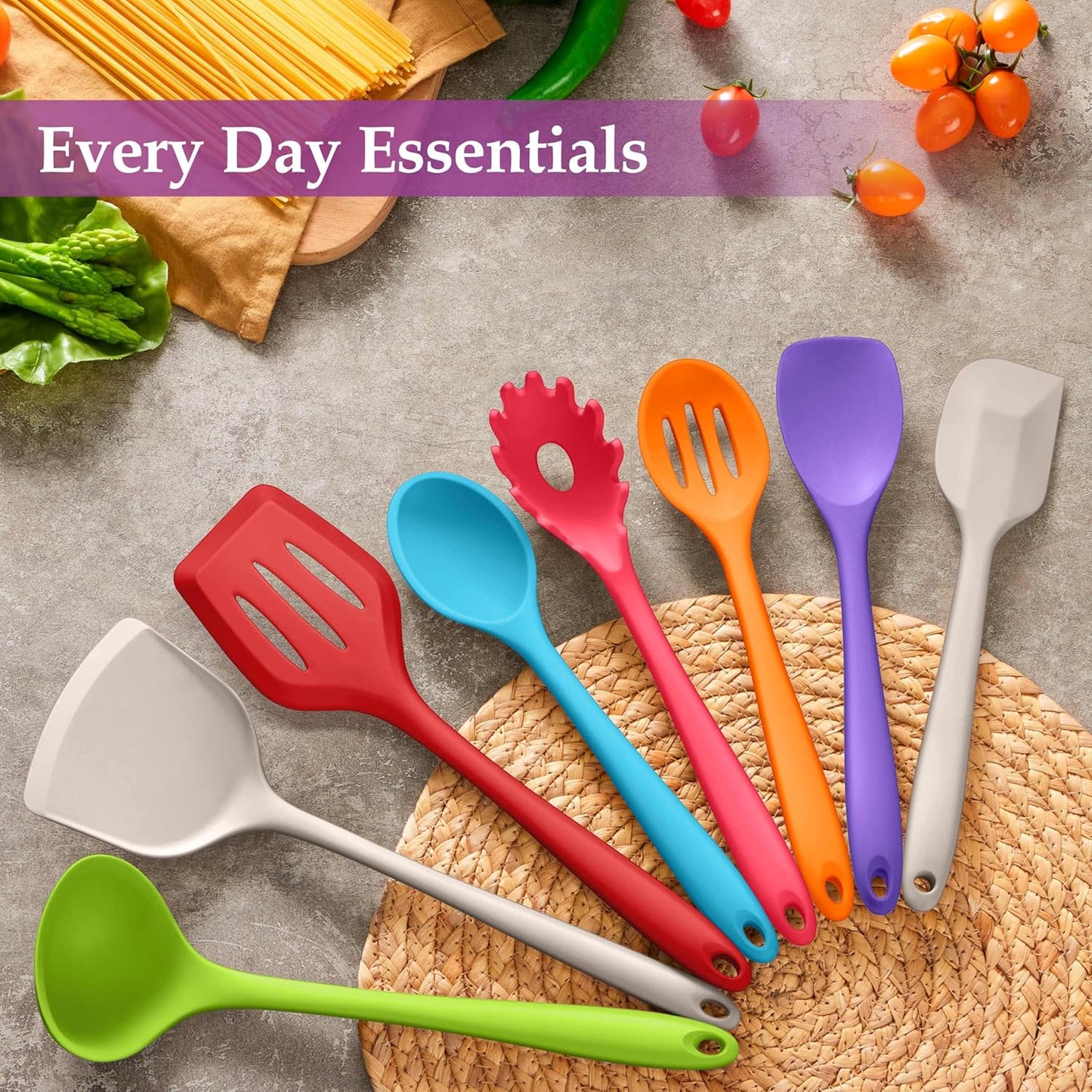 LIANYU Non-Toxic Silicone Kitchen Utensils Set, 8 Piece Non-Scratch Cooking Spoons & Spatulas, Stainless Steel Core, Heat Resistant & Dishwasher Safe, Khaki