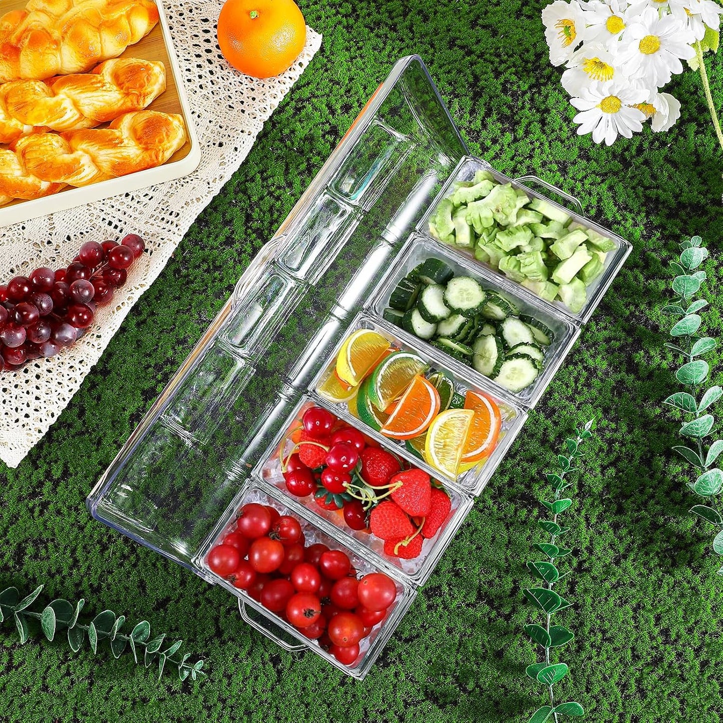 Condiment Containers Server with Lid,Ice Tray,Condiment Organizer,Chilled Caddy,Bar Garnish Holder on Ice,Dispenser,Salad Platter for Parties and Restaurants