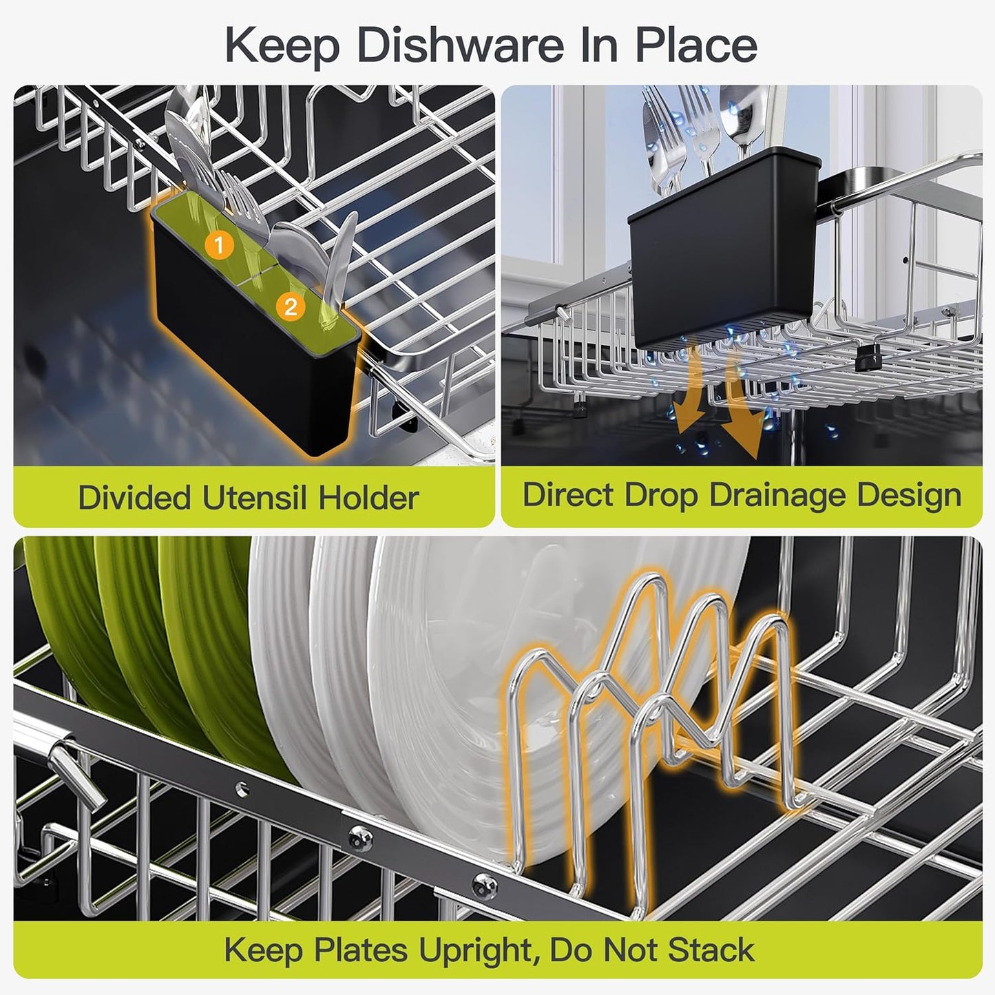 JASIWAY Dish Drying Rack in Sink, Expandable Stainless Steel Dish Drainers for Kitchen Counter, Dish Dryer Rack for Inside Sink, Over The Sink Dish Racks with Utensil Holder, Silver