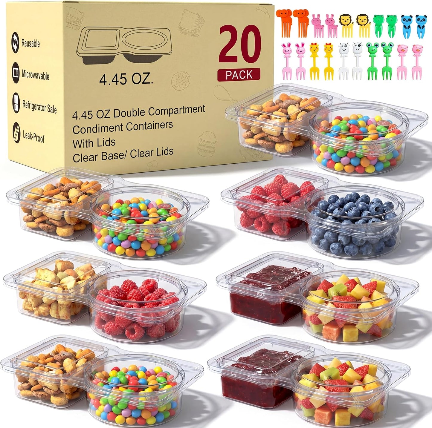 20 Pack Reusable Snack Containers with Lids, Double Compartment Snack Containers for kids & Adults -2 Compartment Condiment Containers, Dishwasher & Microwave Safe, for Portion Control, Meal Prep