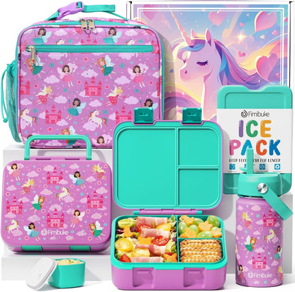 Fimibuke Bento Lunch Box for Kids - Toddler Snack Bento Box Container with 3 Compartments, Stainless Steel Water Bottle, Insulated Lunch Bag, Ice Pack Set for Ages 3-12 Girl Boy Daycare Back to School