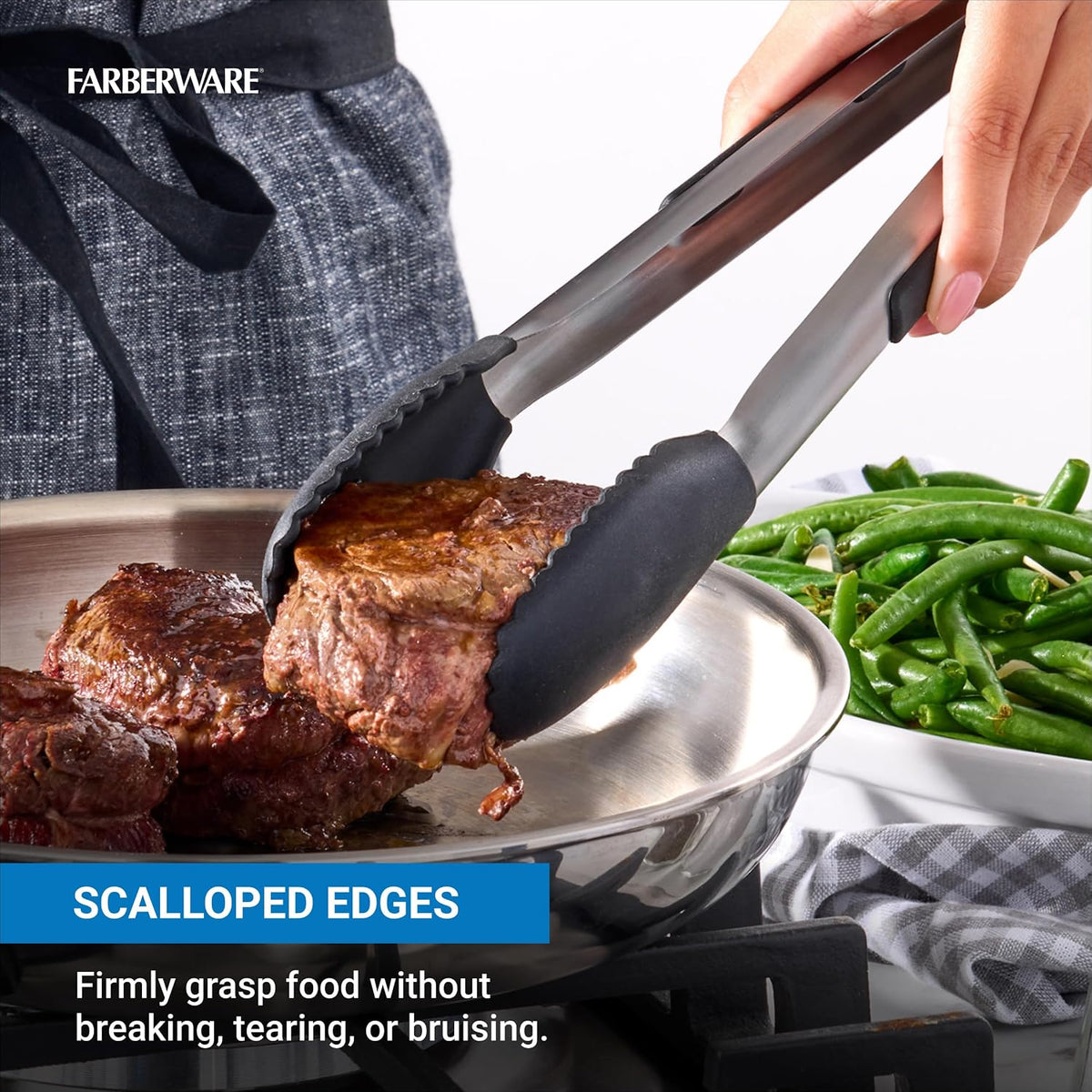 Farberware Pro Silicone Head Locking Kitchen Tongs 12 Inch - Cooking Tongs with Scalloped Tips, Ergonomic Grip, Heat Safe to 450F - Dishwasher Safe Tongs for Cooking, Grilling, Serving