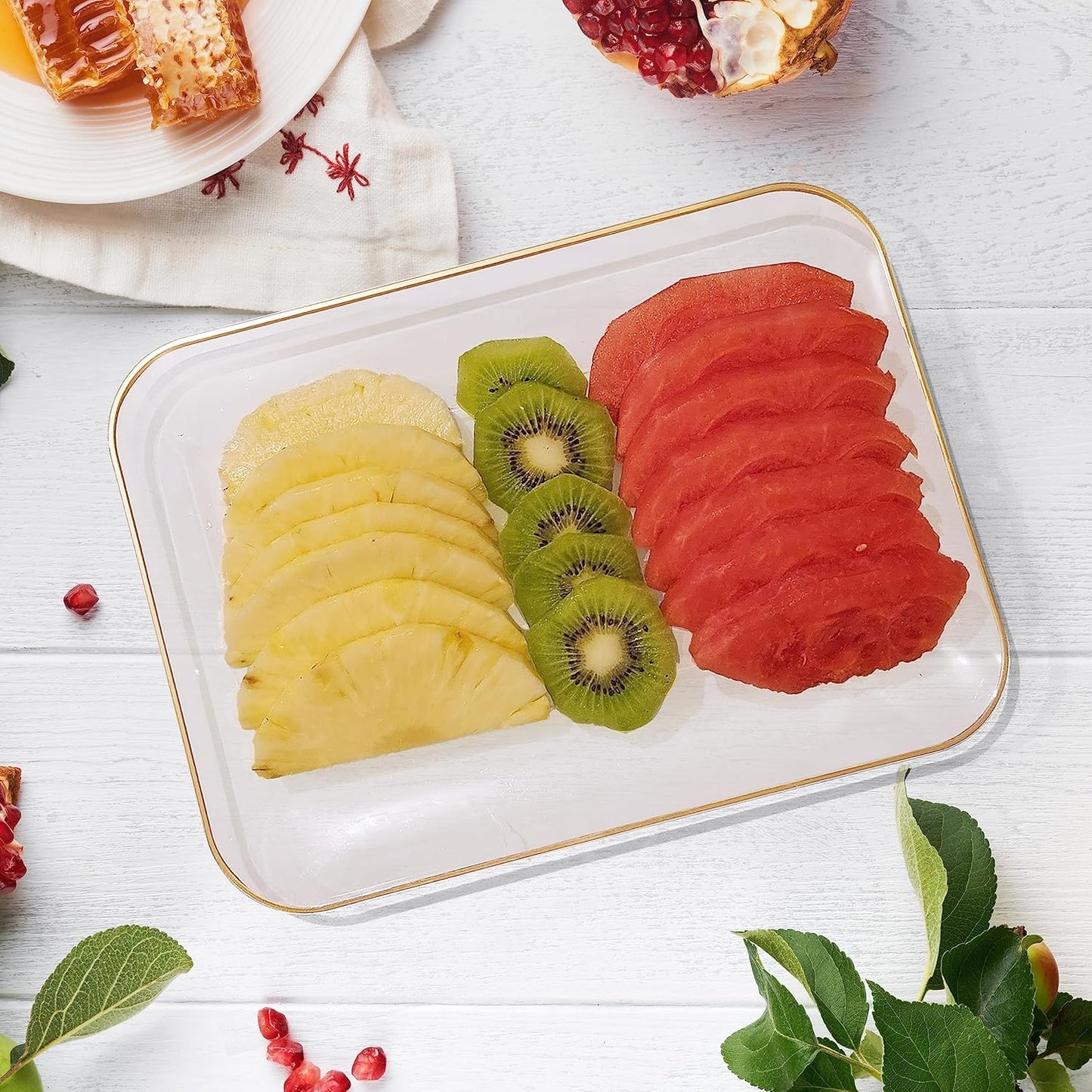 6 Pack Plastic Serving Trays for Party - 8 x 11 Disposable Serving Tray - Heavy Duty Gold Dessert Trays (Clear)