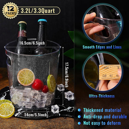 Tessco 12 Pcs Plastic Ice Buckets Bulk Clear Champagne Beer Bucket Cooler with Built in Handle Stackable Beverage Tubs Wine Chiller Bin for Party BBQ Bar Wedding Pool Outdoor Event(3.2L/3.3Quart)