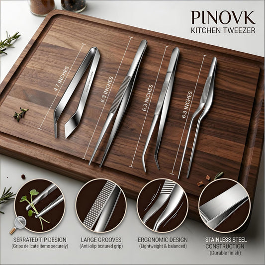 Cooking Tweezers, 4 Piece Set 6.3 inches Stainless Steel Kitchen Tweezers Culinary with Chef Cooking Utensils for Cooking Food Design styling