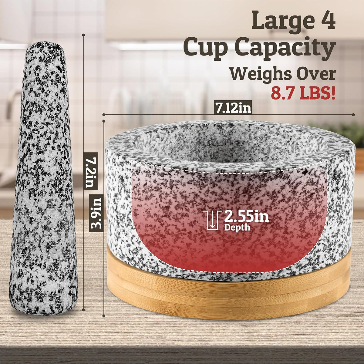 PriorityChef Heavy Duty Mortar and Pestle Set with Bamboo Base, 100% Natural Granite Stone Grinder, Guacamole Bowl and Masher, 1.5 Cups, Black