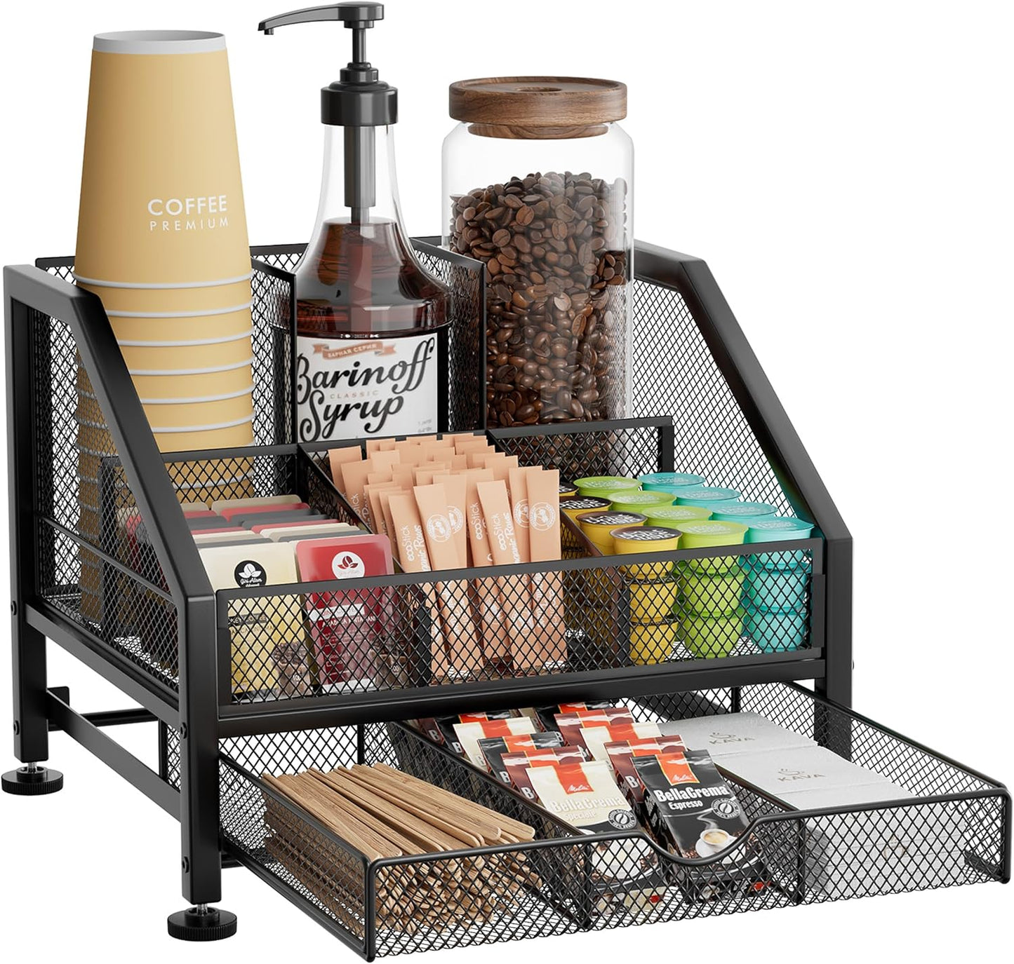 SWTYMIKI Coffee Bar Organizer for Countertop – Space-Saving Kcup Organizer with Tiered Shelves, Countertop Coffee Station for Pods, Sugar, Syrup, Cups, Stirrers, Mesh Condiment Storage