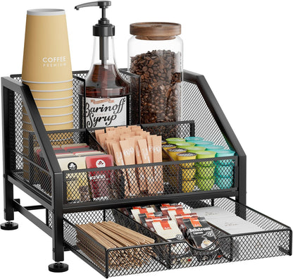SWTYMIKI Coffee Bar Organizer for Countertop – Space-Saving Kcup Organizer with Tiered Shelves, Countertop Coffee Station for Pods, Sugar, Syrup, Cups, Stirrers, Mesh Condiment Storage