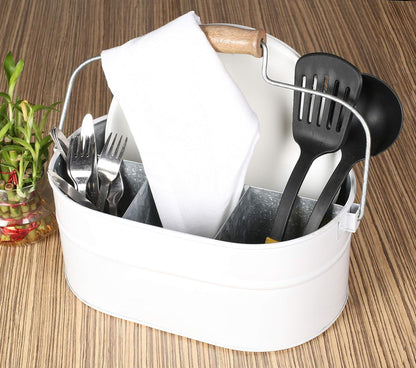 Alpha Living Home Galvanized Metal Utensil Caddy - Rustic Farmhouse Organizer Metal Garden Caddy with 4 Compartments and Wooden Handle for Kitchen, Buffet & Outdoor Events (Silver)