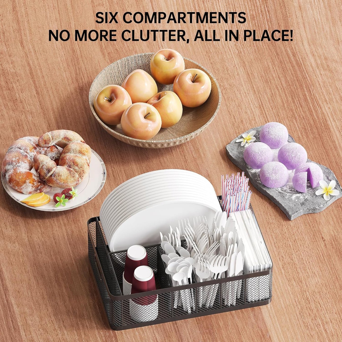 Paper Plate Organizer and Utensil Caddy for Countertop with Handle, 6-Compartment Paper Plate Holder and Silverware Tray for Cups, Forks, Spoons, Napkins - Ideal for Party, Camping, Picnic