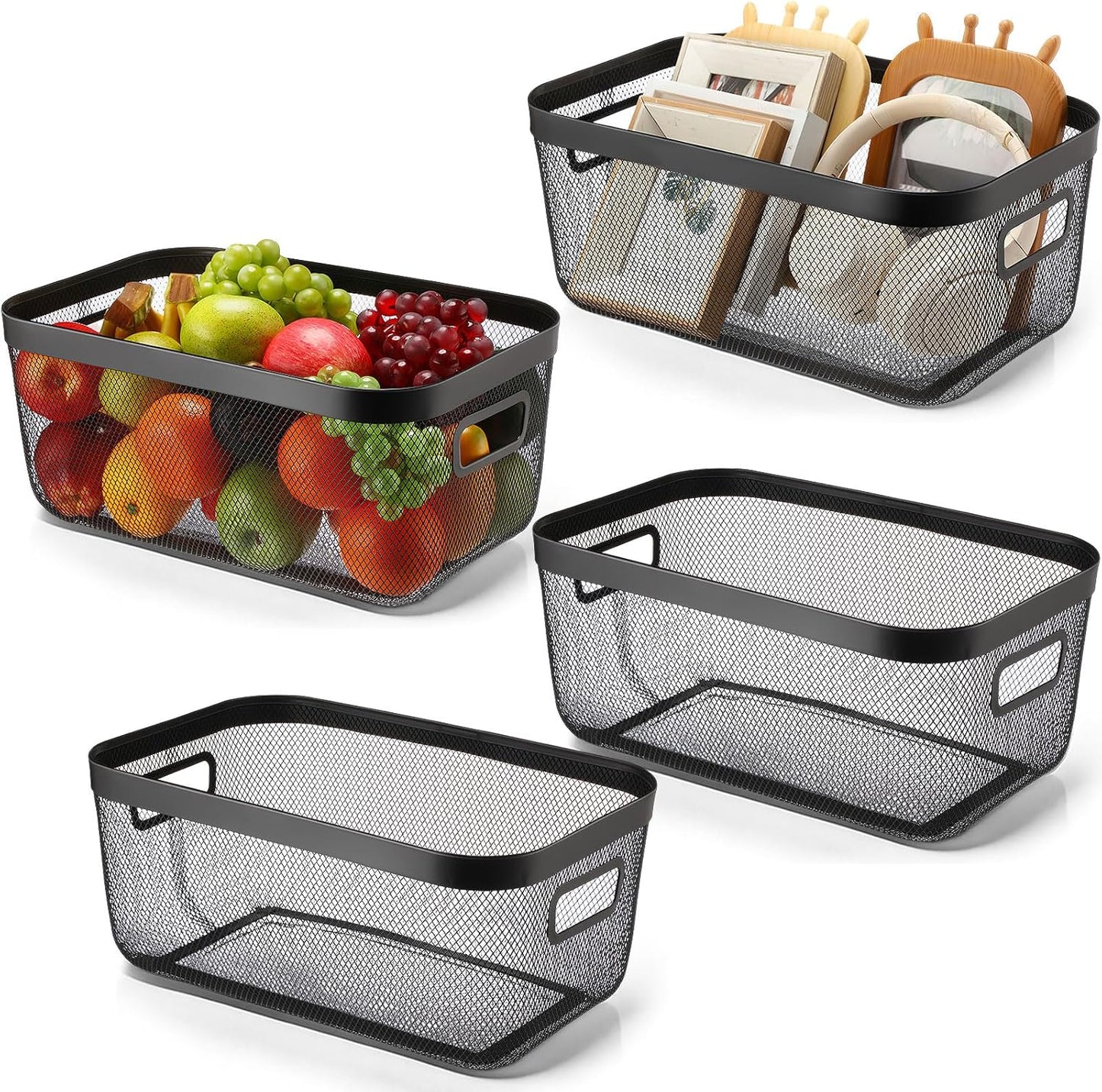 MorningRo 6 Pack Metal Mesh Basket with Hollow Handles Black Wire Storage Bin for Organizing Stackable Metal Fine Mesh Basket for Pantry Bathroom Kitchen Cabinets Shelves (Medium)