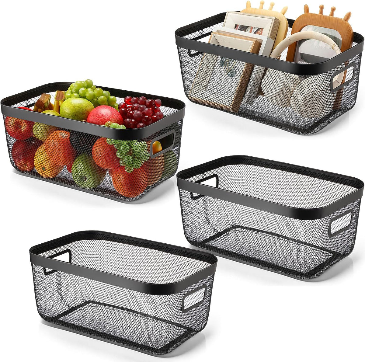MorningRo 6 Pack Metal Mesh Basket with Hollow Handles Black Wire Storage Bin for Organizing Stackable Metal Fine Mesh Basket for Pantry Bathroom Kitchen Cabinets Shelves (Medium)